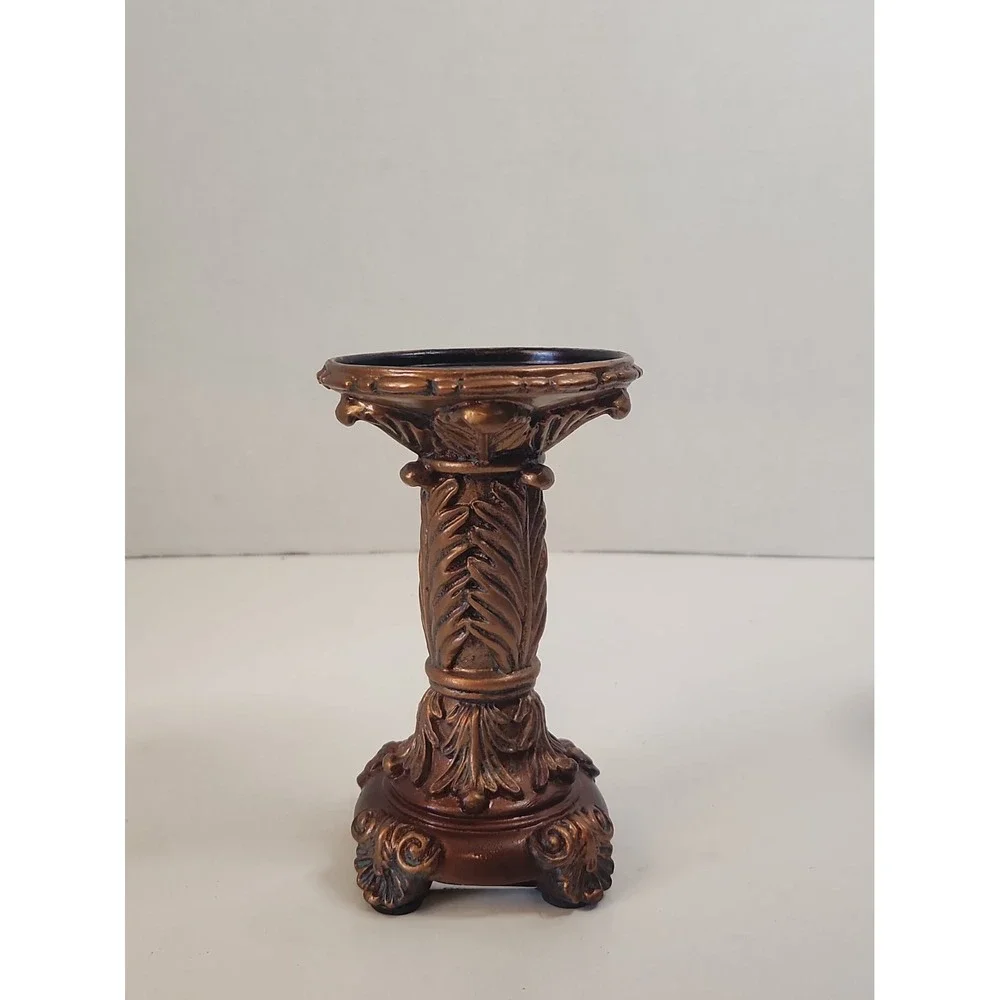 Vtg '03 Goldtone Baroque Pillar Candle Holder Pedestals Staggered Set of 2 Resin